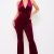IB2385JP - RHINESTONE VELVET HALTER NECK JUMPSUIT - WINE